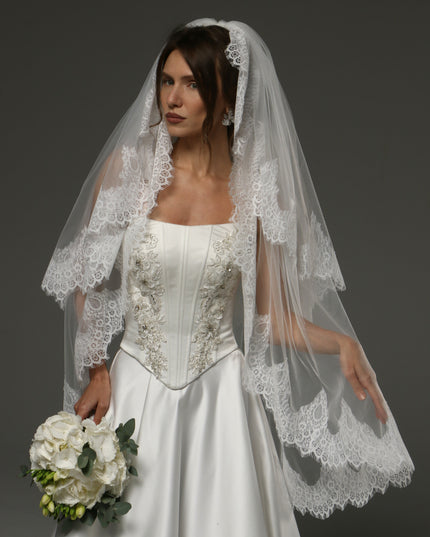 Two-Tier Fingertip Veil with Chantilly Lace Edge – Romantic Bridal Veil