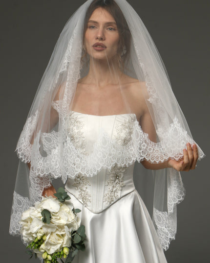 Two-Tier Fingertip Veil with Chantilly Lace Edge – Romantic Bridal Veil