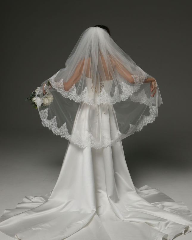 Two-Tier Fingertip Veil with Chantilly Lace Edge – Romantic Bridal Veil