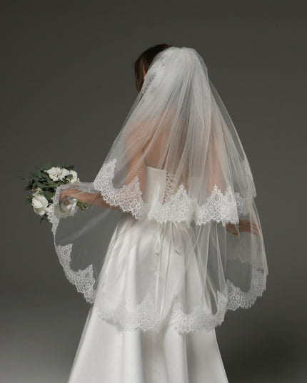 Two-Tier Fingertip Veil with Chantilly Lace Edge – Romantic Bridal Veil