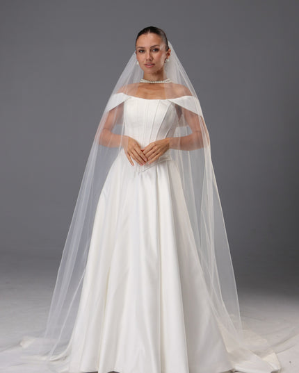 Handmade Italian Tulle Cathedral Veil — One Tier Long Ivory Bridal Veil with Cut Edge