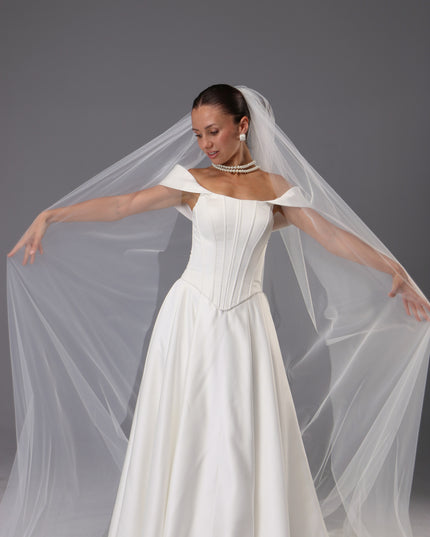 Handmade Italian Tulle Cathedral Veil — One Tier Long Ivory Bridal Veil with Cut Edge