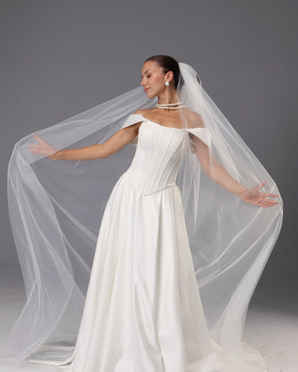 Handmade Italian Tulle Cathedral Veil — One Tier Long Ivory Bridal Veil with Cut Edge