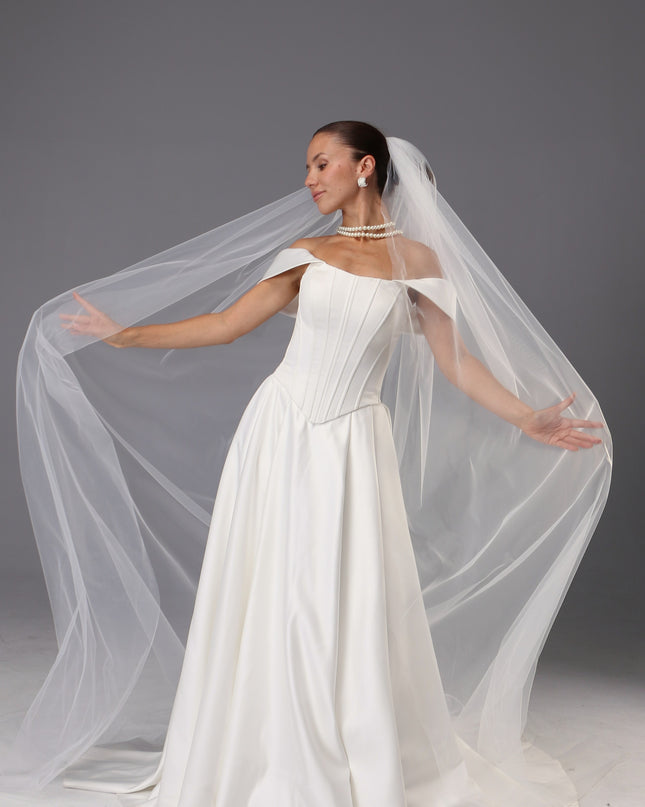 Handmade Italian Tulle Cathedral Veil — One Tier Long Ivory Bridal Veil with Cut Edge