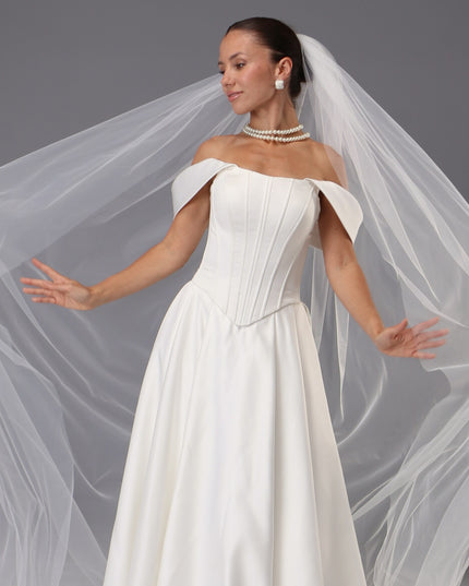 Handmade Italian Tulle Cathedral Veil — One Tier Long Ivory Bridal Veil with Cut Edge