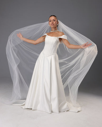 Handmade Italian Tulle Cathedral Veil — One Tier Long Ivory Bridal Veil with Cut Edge