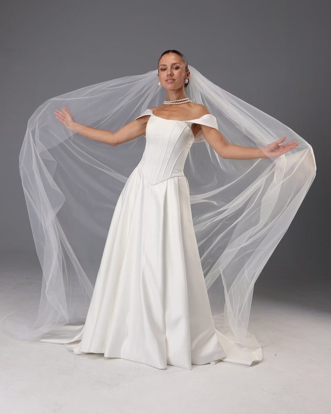 Handmade Italian Tulle Cathedral Veil — One Tier Long Ivory Bridal Veil with Cut Edge