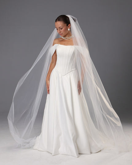 Handmade Italian Tulle Cathedral Veil — One Tier Long Ivory Bridal Veil with Cut Edge