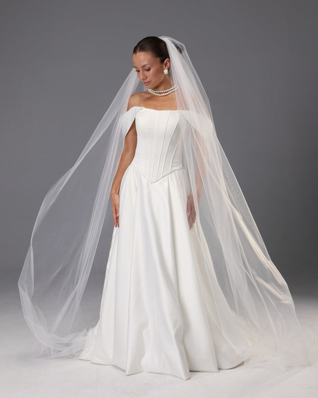 Handmade Italian Tulle Cathedral Veil — One Tier Long Ivory Bridal Veil with Cut Edge