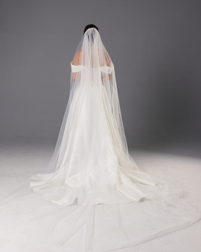 Handmade Italian Tulle Cathedral Veil — One Tier Long Ivory Bridal Veil with Cut Edge