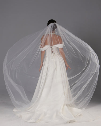 Handmade Italian Tulle Cathedral Veil — One Tier Long Ivory Bridal Veil with Cut Edge