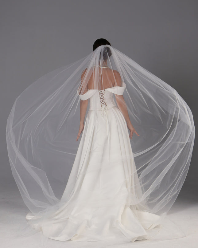Handmade Italian Tulle Cathedral Veil — One Tier Long Ivory Bridal Veil with Cut Edge