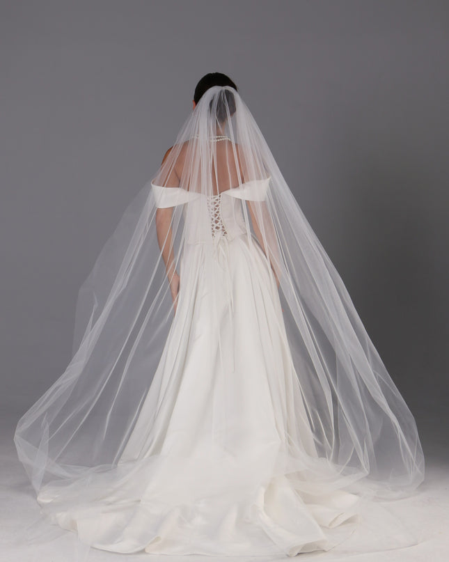 Handmade Italian Tulle Cathedral Veil — One Tier Long Ivory Bridal Veil with Cut Edge