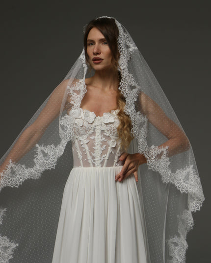 Dotted Tulle Chantilly Lace Mantilla Veil – One-Tier Cathedral Length Bridal Veil