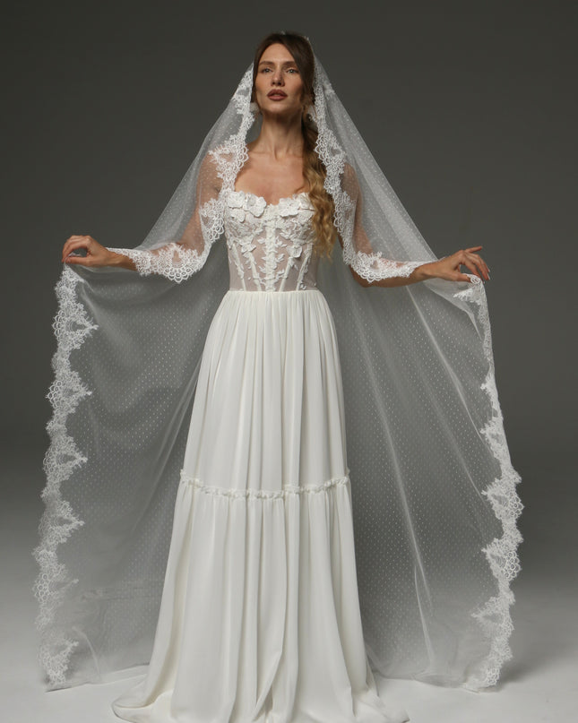 Dotted Tulle Chantilly Lace Mantilla Veil – One-Tier Cathedral Length Bridal Veil