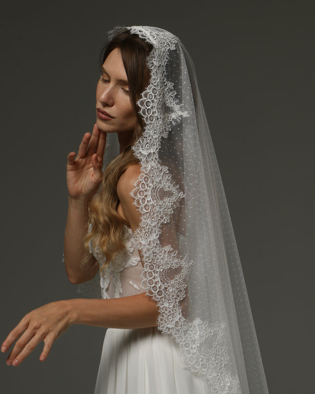 Dotted Tulle Chantilly Lace Mantilla Veil – One-Tier Cathedral Length Bridal Veil