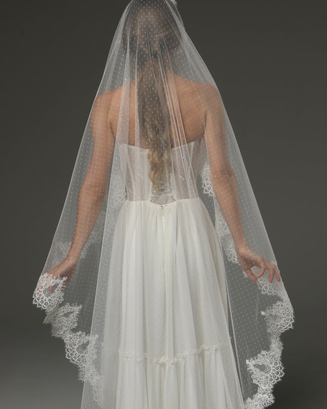 Dotted Tulle Chantilly Lace Mantilla Veil – One-Tier Cathedral Length Bridal Veil