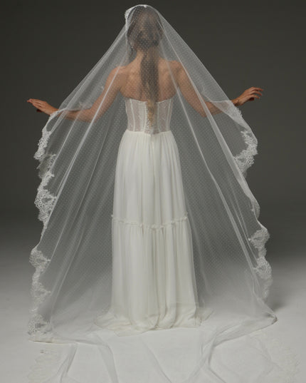 Dotted Tulle Chantilly Lace Mantilla Veil – One-Tier Cathedral Length Bridal Veil