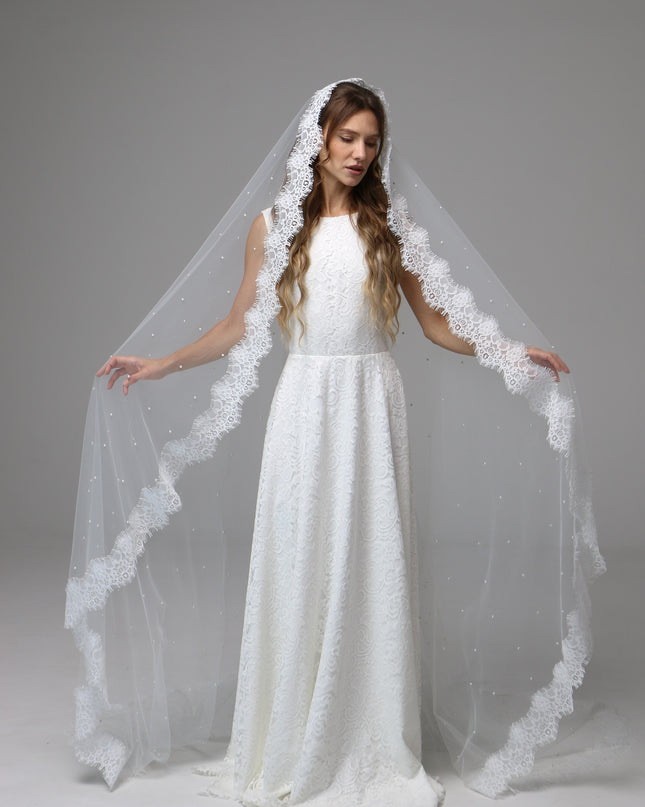 Pearl Mantilla Wedding Veil with Floral Lace Edge