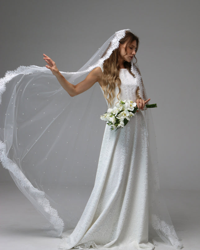 Pearl Mantilla Wedding Veil with Floral Lace Edge