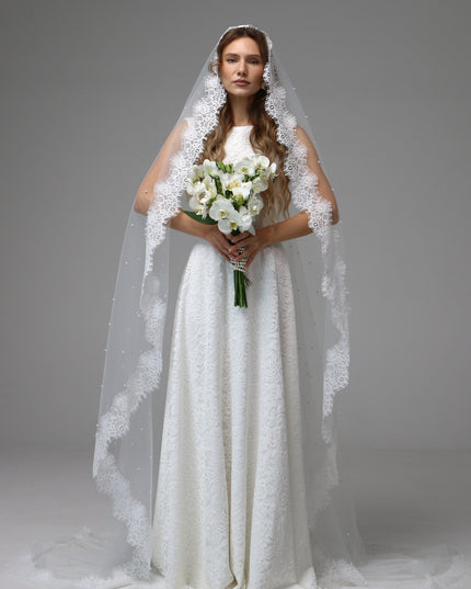 Pearl Mantilla Wedding Veil with Floral Lace Edge