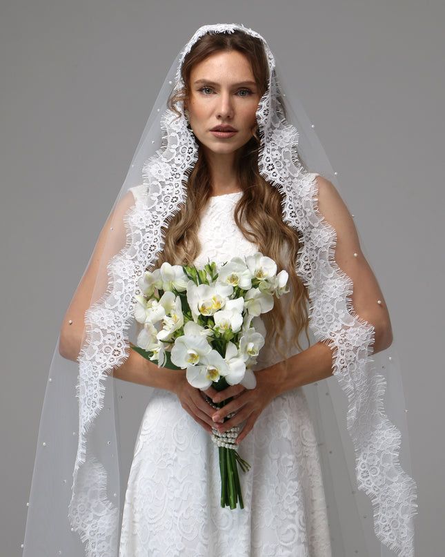 Pearl Mantilla Wedding Veil with Floral Lace Edge