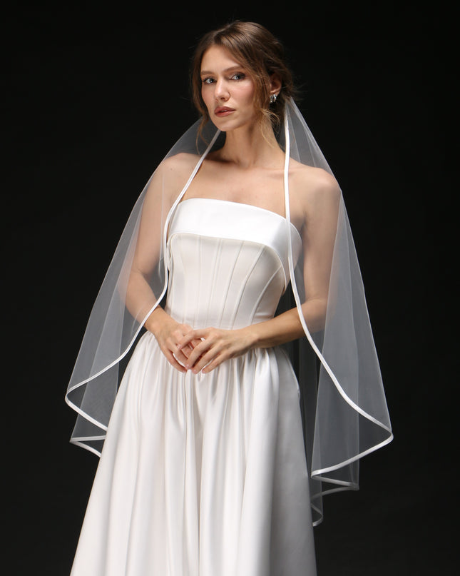 One Tier Cascading Wedding Veil with Satin Ribbon Edge – Simple Bridal Veil