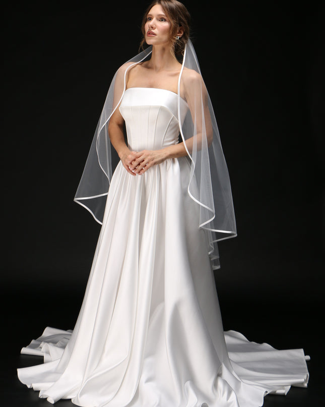 One Tier Cascading Wedding Veil with Satin Ribbon Edge – Simple Bridal Veil