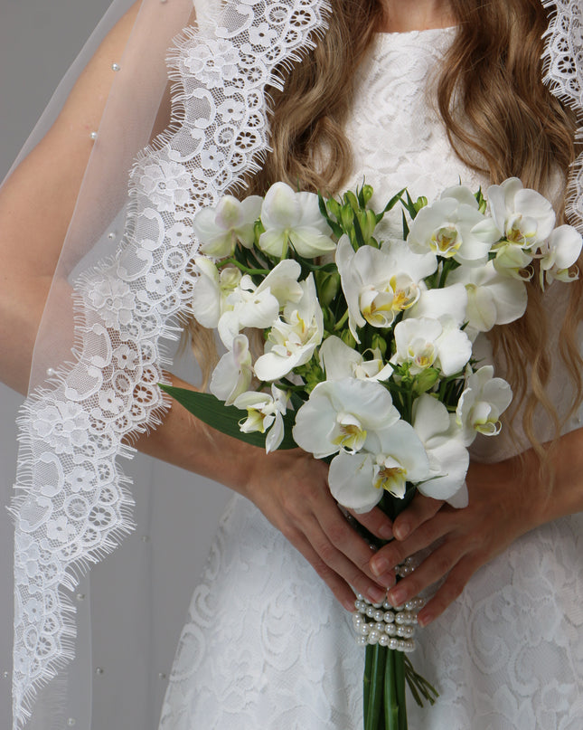 Pearl Mantilla Wedding Veil with Floral Lace Edge