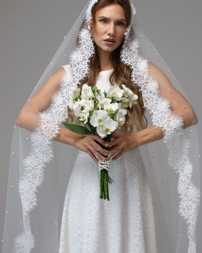 Pearl Mantilla Wedding Veil with Floral Lace Edge