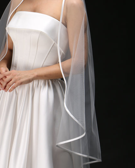 One Tier Cascading Wedding Veil with Satin Ribbon Edge – Simple Bridal Veil