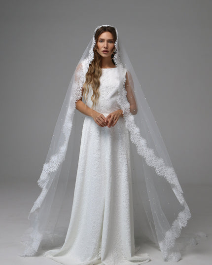 Pearl Mantilla Wedding Veil with Floral Lace Edge