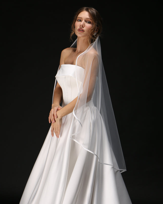 One Tier Cascading Wedding Veil with Satin Ribbon Edge – Simple Bridal Veil