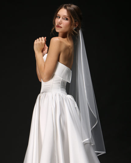 One Tier Cascading Wedding Veil with Satin Ribbon Edge – Simple Bridal Veil