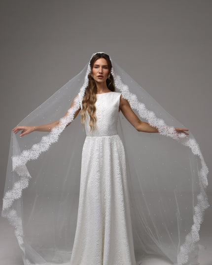 Pearl Mantilla Wedding Veil with Floral Lace Edge