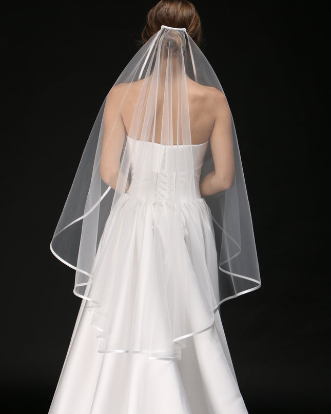 One Tier Cascading Wedding Veil with Satin Ribbon Edge – Simple Bridal Veil