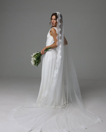 Pearl Mantilla Wedding Veil with Floral Lace Edge
