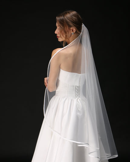 One Tier Cascading Wedding Veil with Satin Ribbon Edge – Simple Bridal Veil