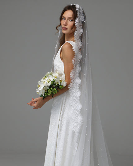 Pearl Mantilla Wedding Veil with Floral Lace Edge