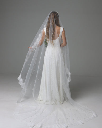 Pearl Mantilla Wedding Veil with Floral Lace Edge