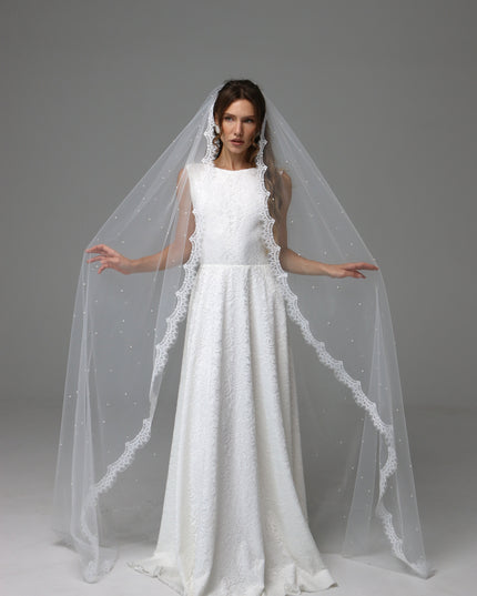 Lace Edge Pearl Wedding Veil Cathedral Length