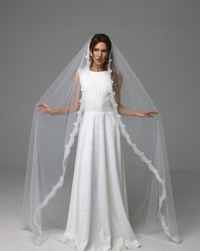 Lace Edge Pearl Wedding Veil Cathedral Length