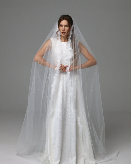 Lace Edge Pearl Wedding Veil Cathedral Length