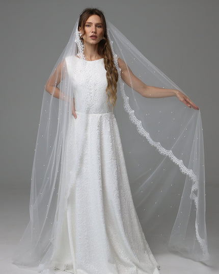 Lace Edge Pearl Wedding Veil Cathedral Length