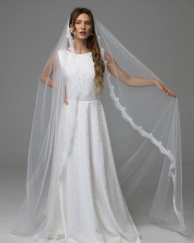 Lace Edge Pearl Wedding Veil Cathedral Length