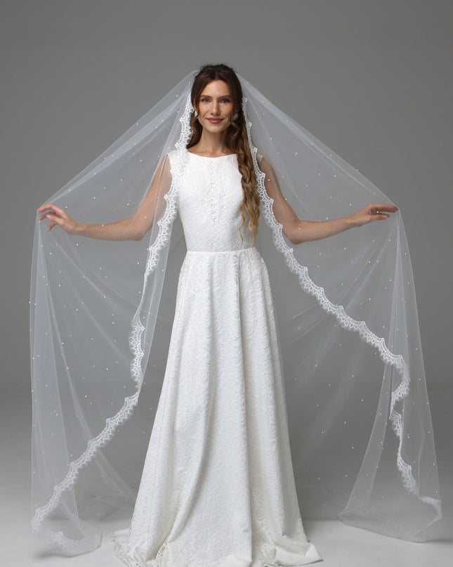 Lace Edge Pearl Wedding Veil Cathedral Length
