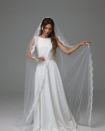Lace Edge Pearl Wedding Veil Cathedral Length