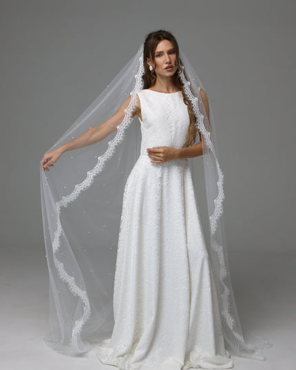 Lace Edge Pearl Wedding Veil Cathedral Length