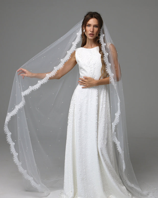 Lace Edge Pearl Wedding Veil Cathedral Length