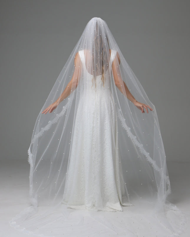 Lace Edge Pearl Wedding Veil Cathedral Length